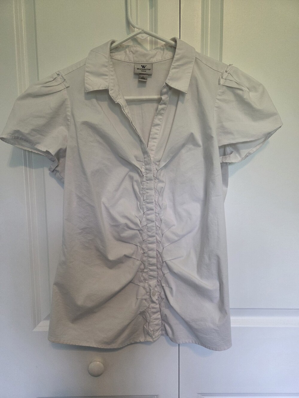 Worthington White Ruffle-Trim Short Sleeve Shirt